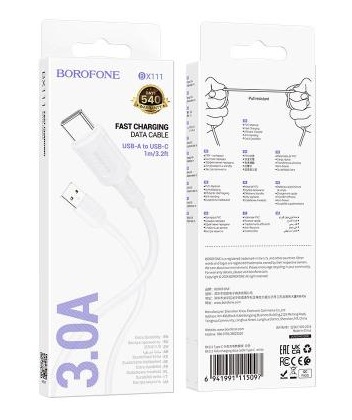 Кабель USB Type-C 1м 3А белый BX111 Borofone