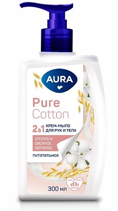 Мыло жидк. AURA 300мл. Pure Cotton 2в1 Хлопок и мед (12)