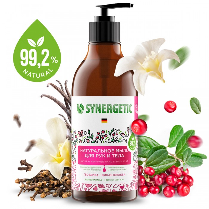 Мыло жидк. SYNERGETIC 380мл. д/рук и тела Гвоздика и дикая клюква