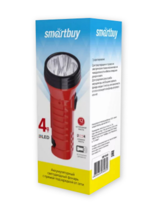 Фонарь ручной Smartbuy (акк. 4V 0.5 Ah) 4св/д, красный/пластик,2 реж.  вилка 220V