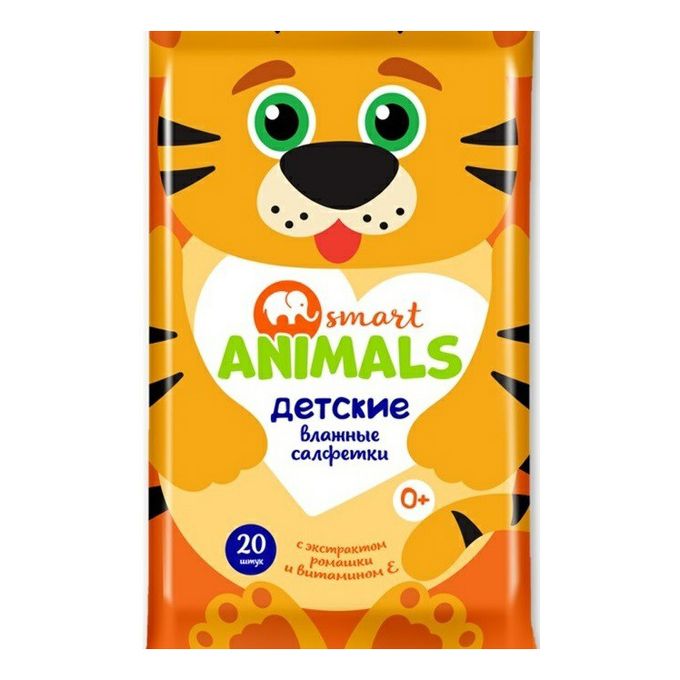 Салфетки влажные Smart Animals 20шт. Детские с ромашкой и витамином Е mix (72)