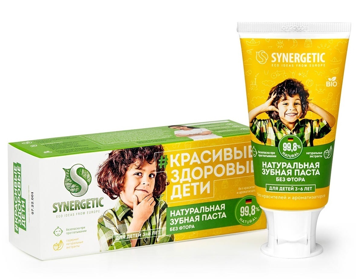 Зубн.паста Synergetic 50г. детская 3-6лет Клубника и банан желтая