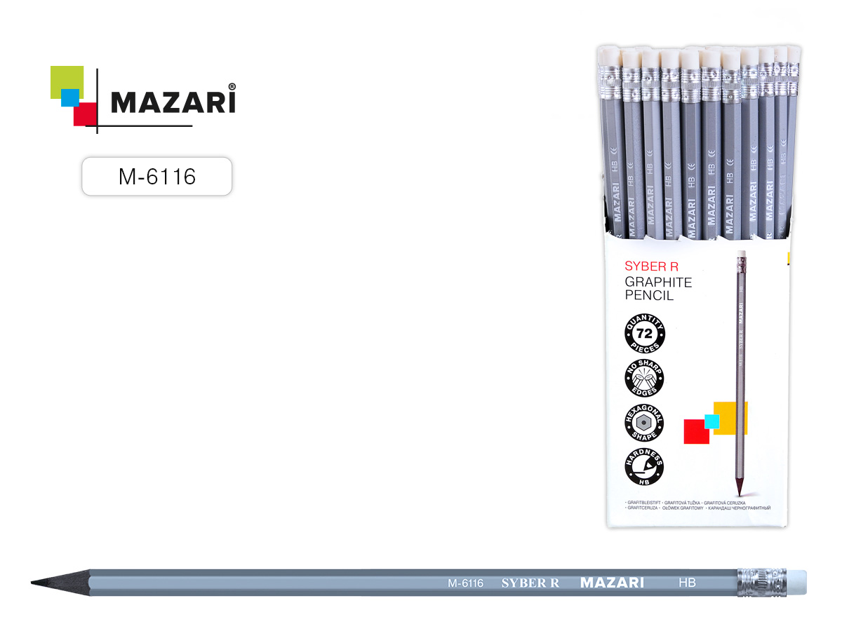 Карандаш прост. Mazari Syber R  с ластиком (уп.72)