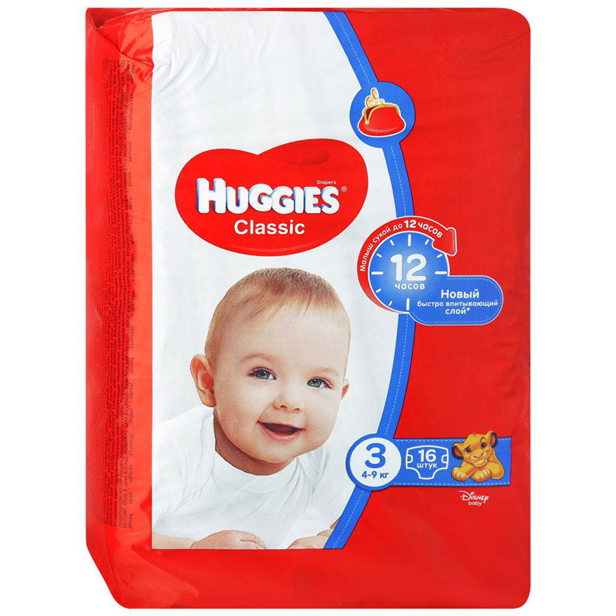 Подгузн.Huggies CLASSIC --3-- 16шт. 4-9кг.
