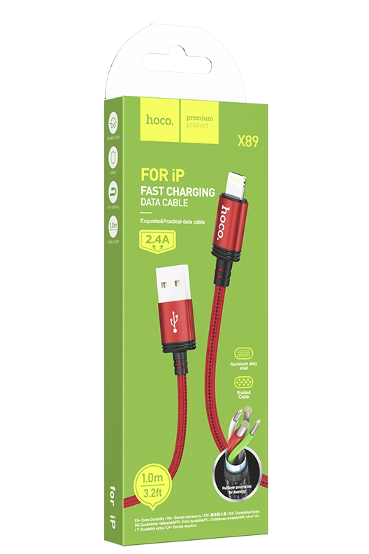 Кабель USB для iPhone Lightning 1м 2,4А красный X89 HOCO оплетка