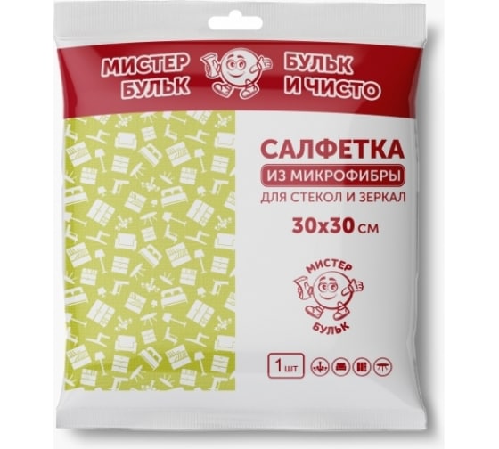 Салфетка микрофибра Мистер Бульк 30*30см. д/стекол СХ011