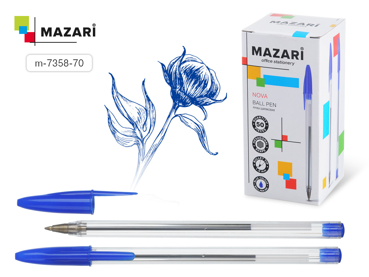 Ручка шар. СИНЯЯ Mazari Nova прозр. корп. (уп.50)