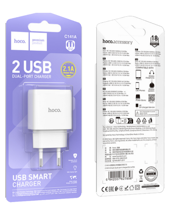 Сетевое зарядное устройство 2,1А 2USB белый HOCO C141A