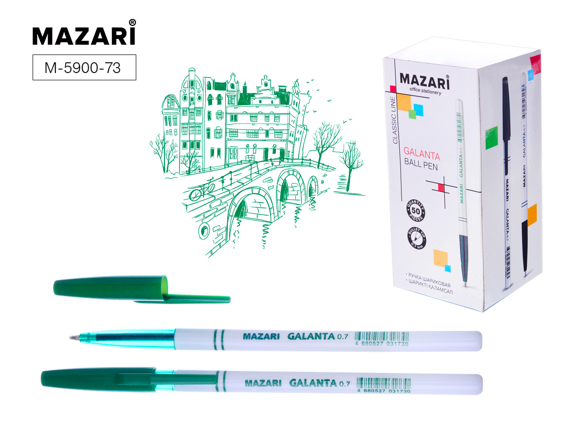 Ручка шар. ЗЕЛЕНАЯ Mazari 0.7мм. (уп.50)