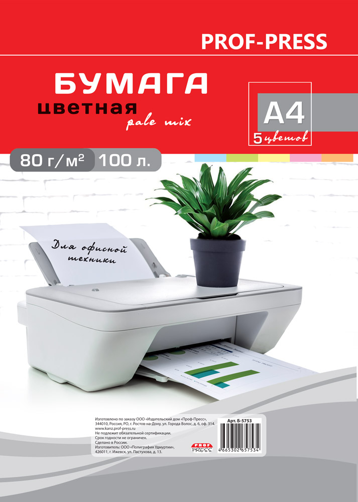 Бумага А4 цветная Pale 100л. 5цв. пастель-ассорти