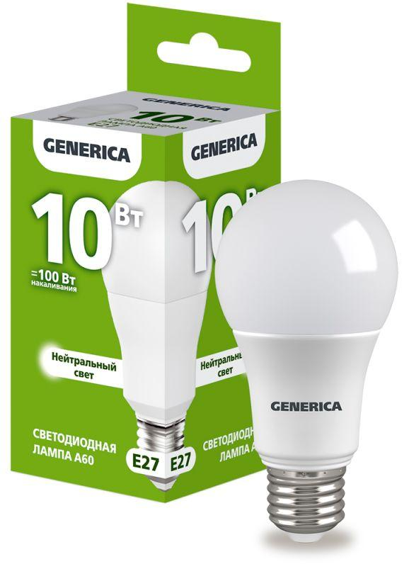 Лампа светодиодная GENERICA A60 E27 10W(1000lm) 4000K 55*100 LL-A60-10-230-40-E27-G