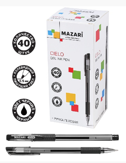 Ручка гел. черная Mazari CIELO 0.5мм. проз. корп, рез. грип. (уп.40)