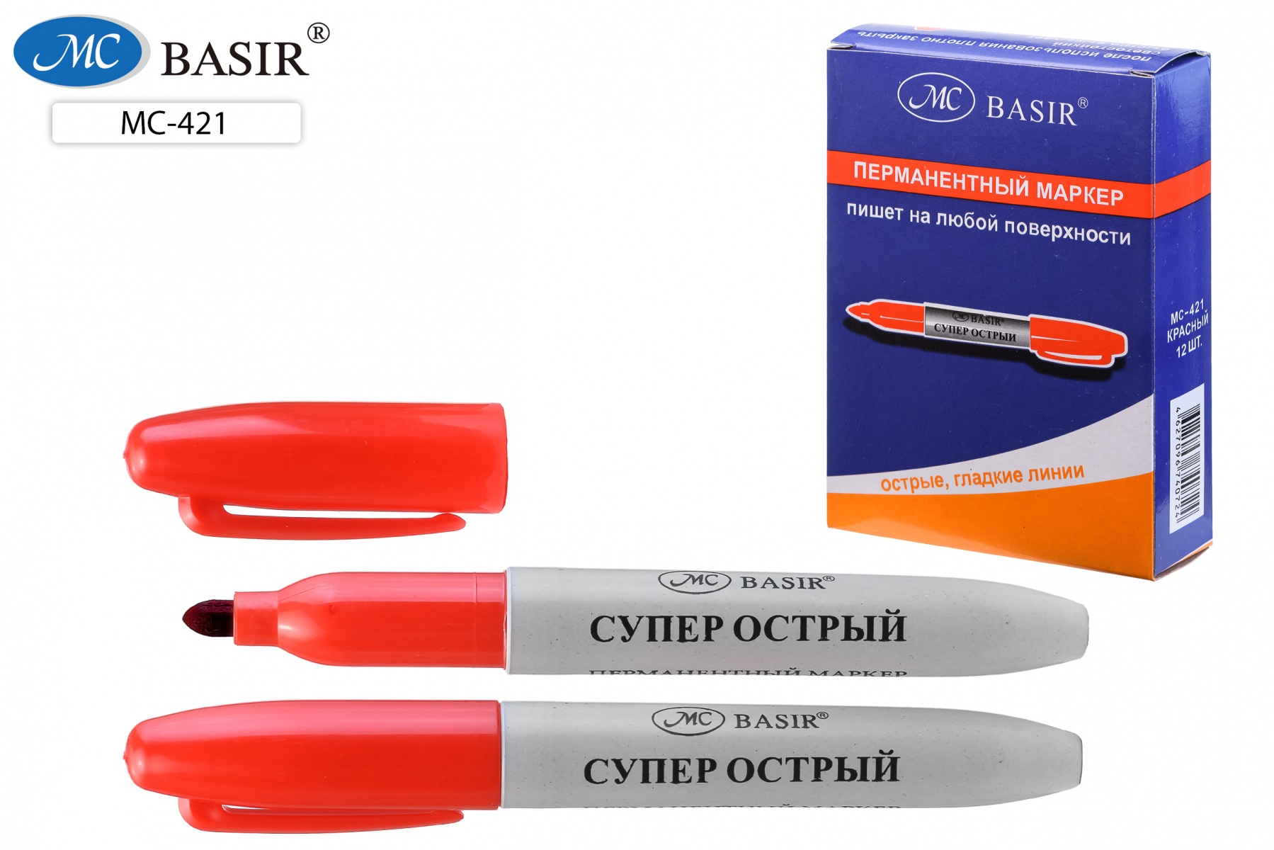 Маркер красный Basir серый корп. 1-3мм. (уп.12)