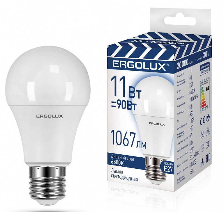 Лампа светодиодная Ergolux A60 E27 11W 6500K 1067лм мат. LED-A60-11W-E27-6K