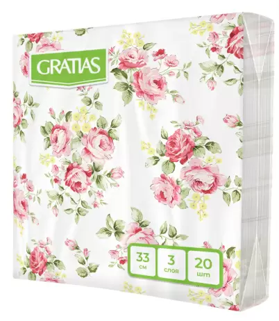 Салфетки бумажные 20л 3 слоя 33*33 Gratias Фарфоровые розы (16)