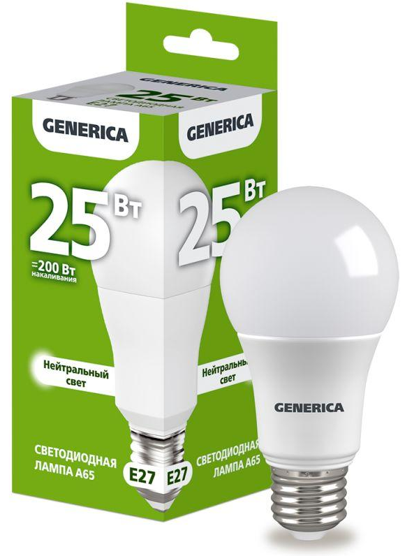Лампа светодиодная GENERICA A65 E27 25W(2500lm) 4000K 65*135 LL-A65-25-230-40-E27-G