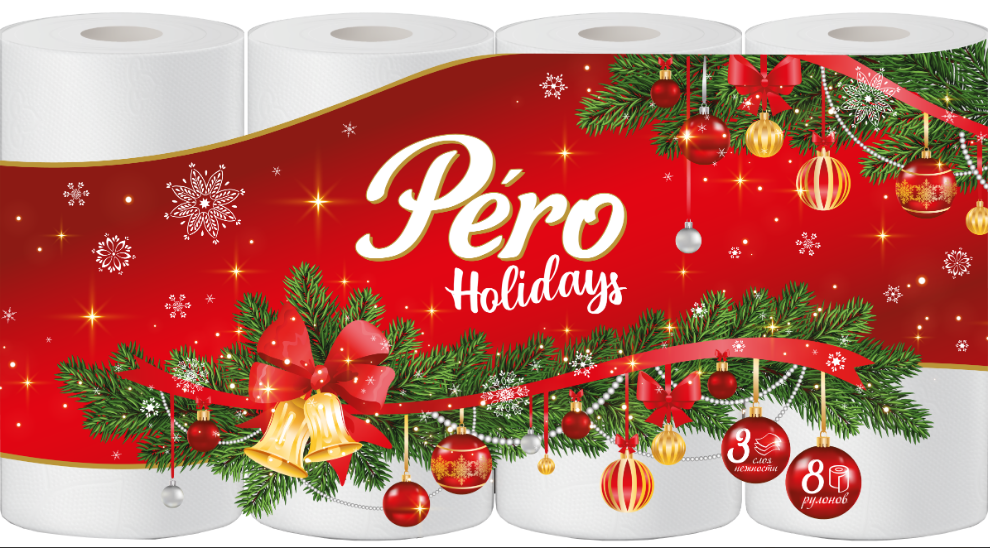 Туалетная бумага PERO Holidays 3сл. 8рул. Белая (12)