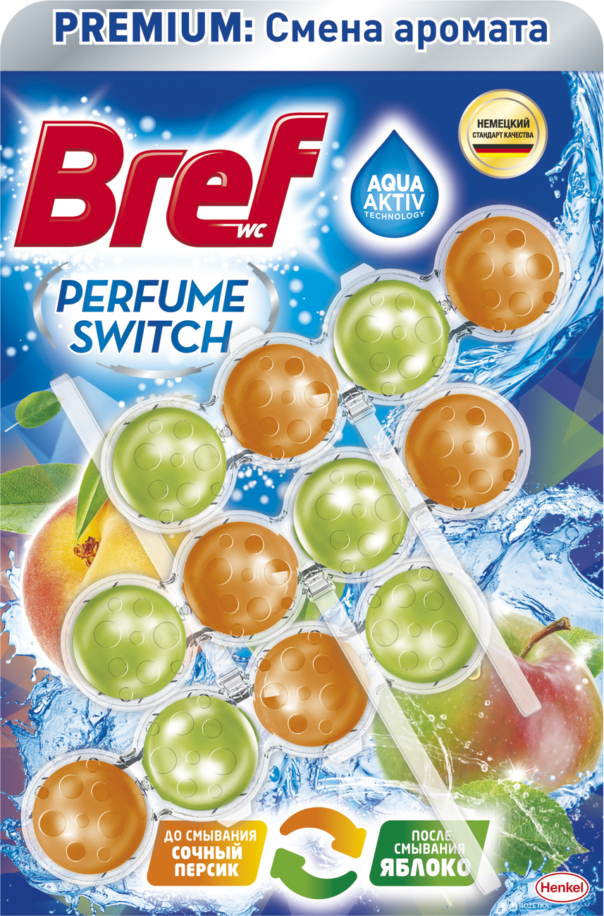 Освежитель для унитаза Bref 3*50г. шарики Сила-актив Персик-яблоко