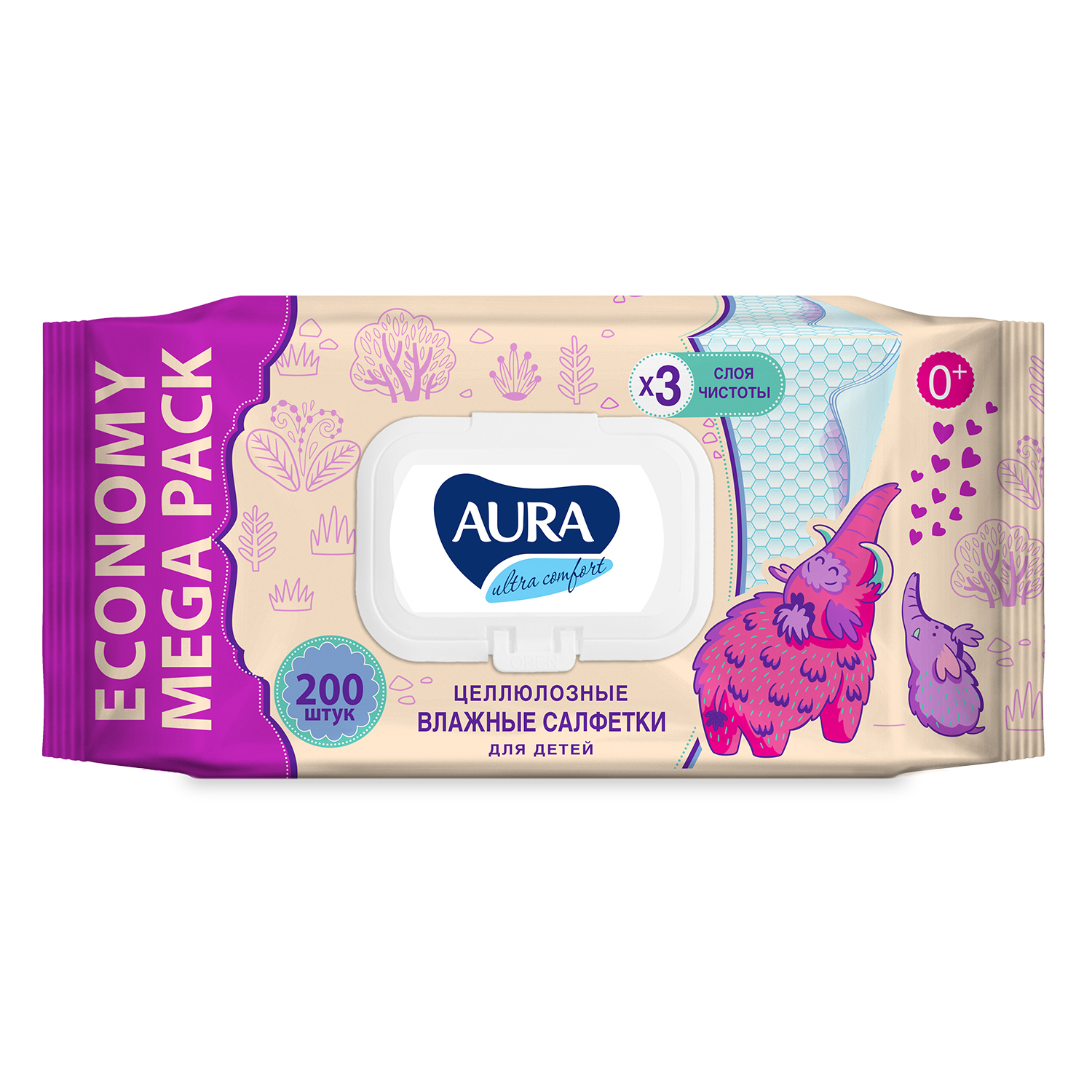 Салфетки влажные AURA 200шт.---------------