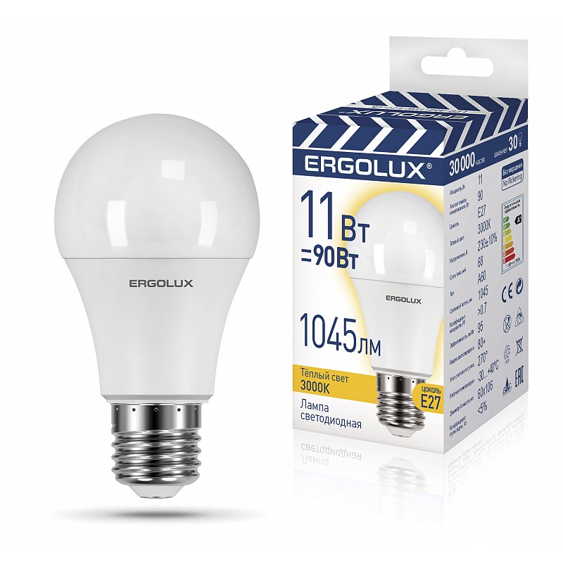 Лампа светодиодная Ergolux A60 E27 11W 3000K 1045лм мат. 106*60 LED-A60-11W-E27-3K (10/100)