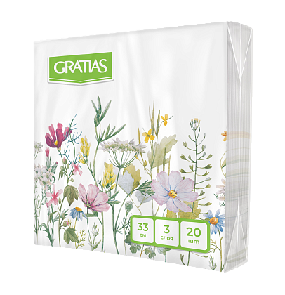 Салфетки бумажные 20л 3 слоя 33*33 Gratias Летний луг (16)