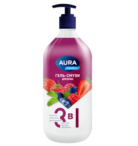Гель для душа AURA Family 1л. 3в1 Смузи малина, черника, земляника (6)