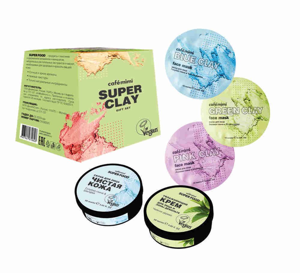 ПН/ЖЕН. Cafe Mimi Super Clay (скраб для лица, крем для лица, 3 маски для лица)