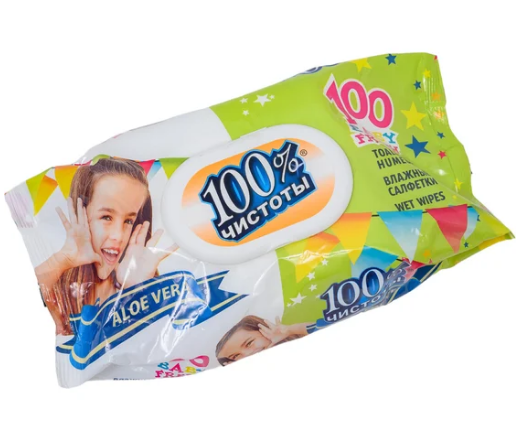 Салфетки влажные 100%Чистоты 100шт. детские Алоэ вера Клапан