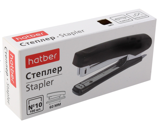 Степлер №10 Hatber 16л. Gentle + антистеп. черный. (24)