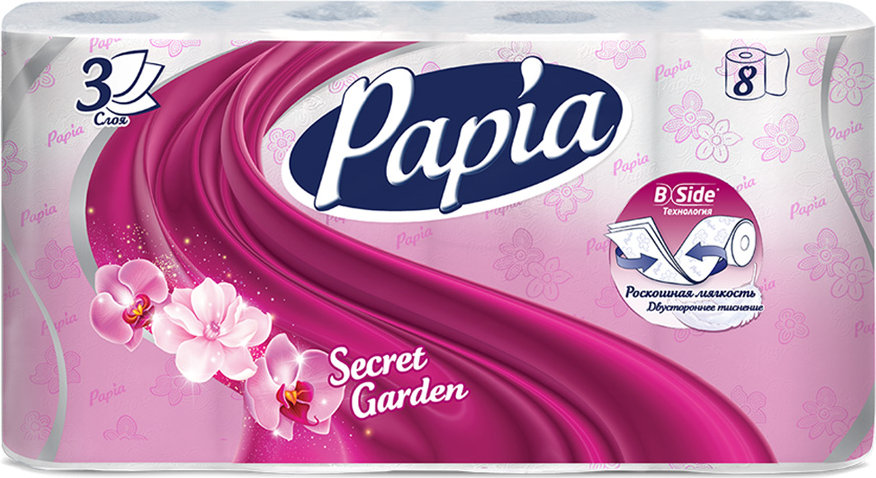 Туалетная бумага PAPIA 3сл. 8рул. Таинственный сад (7)