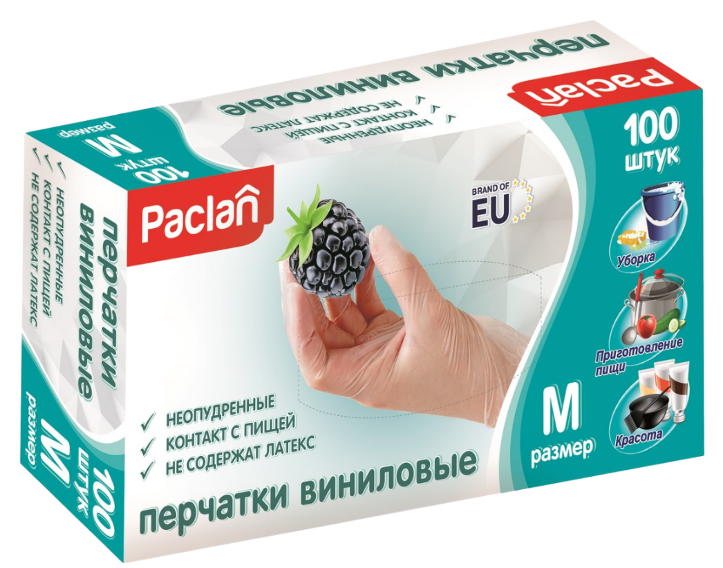 Перчатки Виниловые Paclan прозрачные M (уп.50пар.) (10)