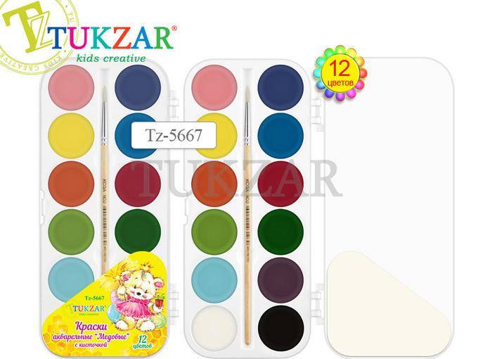 Краски акварель 12цв. Tukzar медовые с кист.