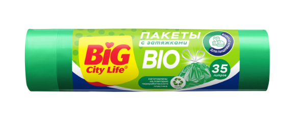Мешок для мусора 35л./15шт. Big City с затяжками биоразл. зел.
