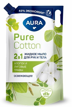 Мыло жидк. AURA 300мл. Pure Cotton 2в1 Хлопок и луговые травы