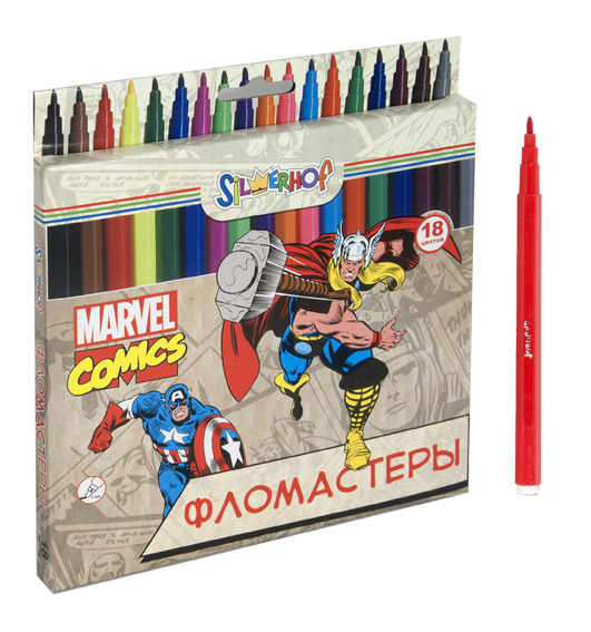 Фломастеры 18цв. Silwerhof MARVEL COMICS вентилир.колп. шестигранные, п/п.корпус,