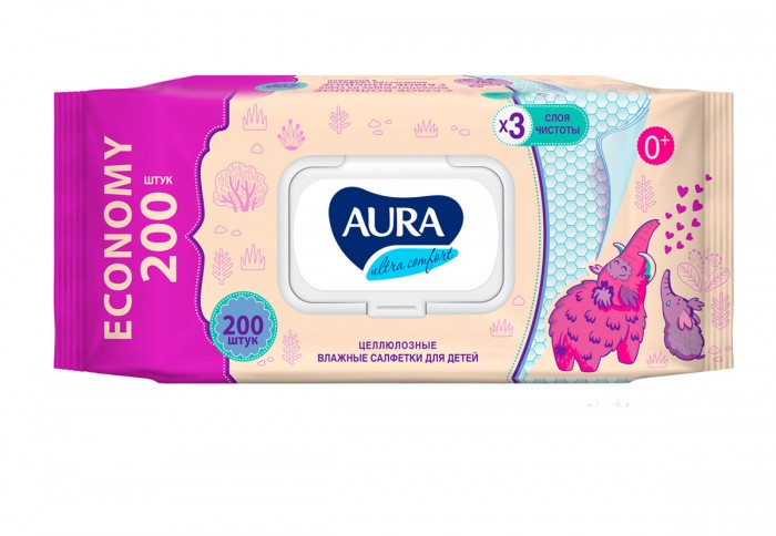 Салфетки влажные AURA 200шт. с крышкой