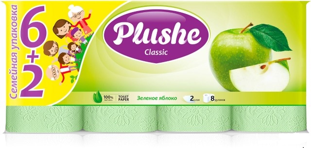 Туалетная бумага Plushe Classic 2сл. 6+2рул. Зеленое яблоко