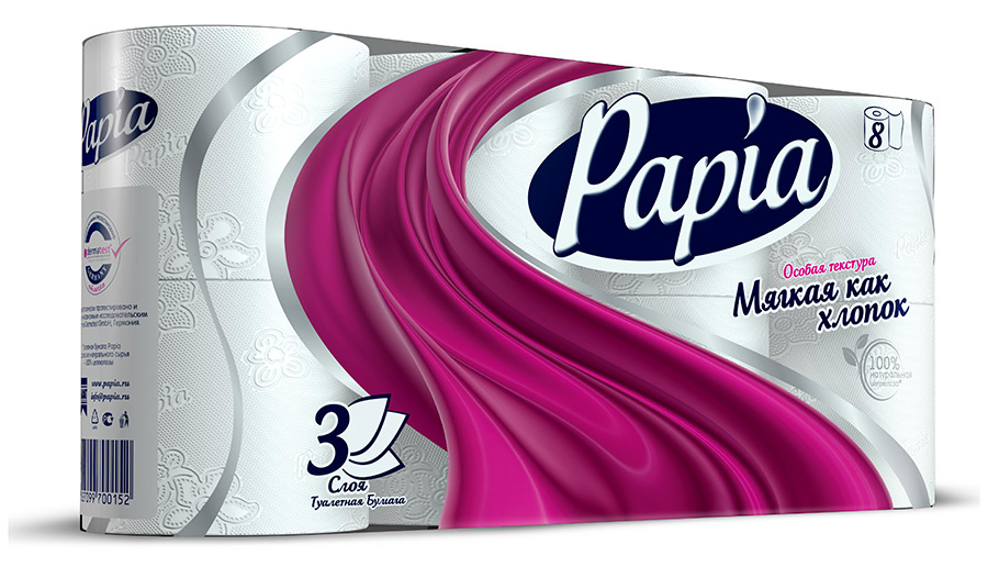 Туалетная бумага PAPIA 3сл. 8рул. Белая