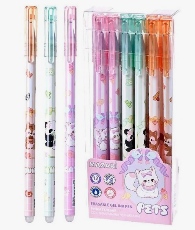 Ручка пишет/стирает СИНЯЯ Mazari 0.38mm Pets (уп.12)