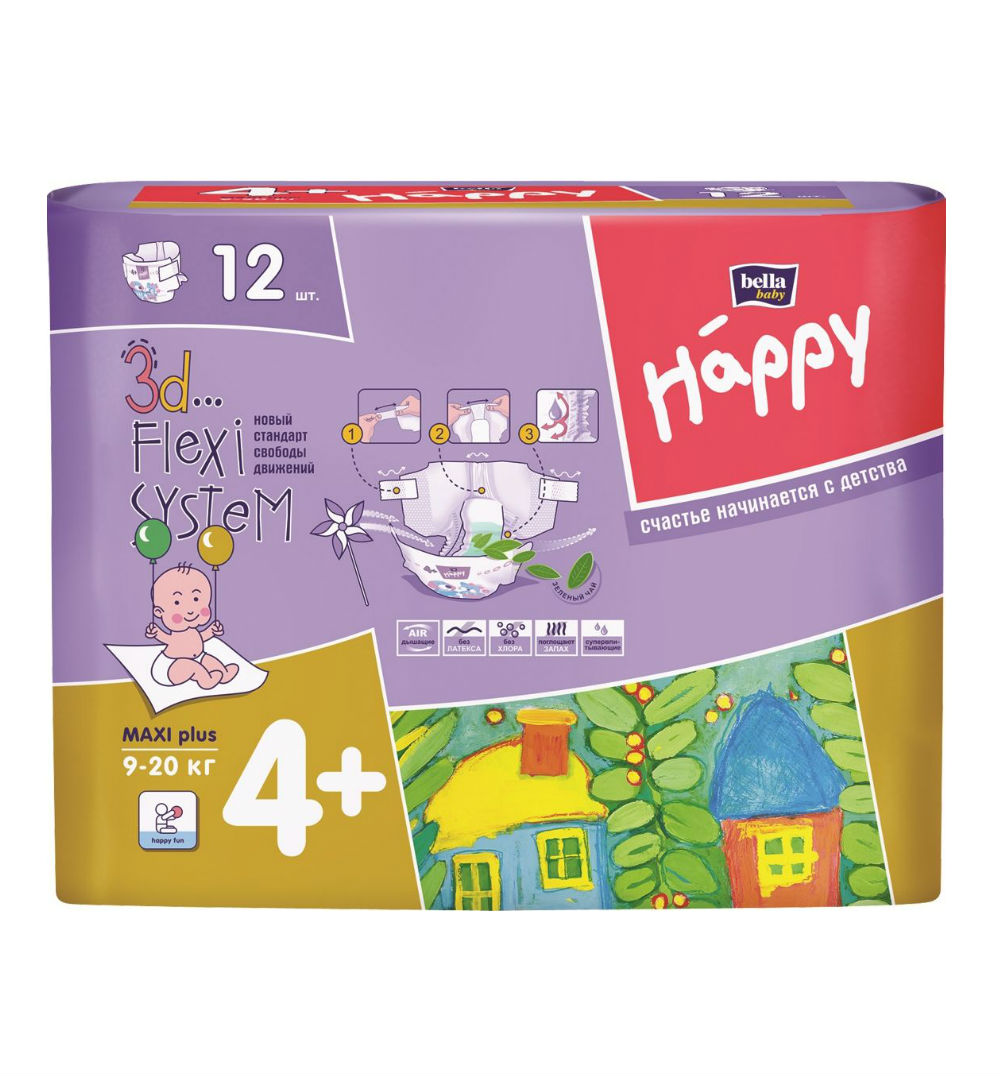 Подгузн. Белла беби хэппи --4+- 12шт. 9-20кг. макси плюс