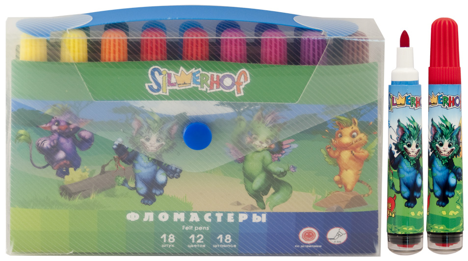 Фломастеры 12цв./18штампов Silwerhof I LOVE MONSTERS вентилир.колпачок со штампами