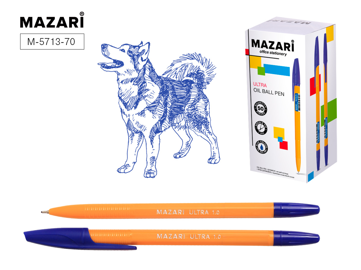 Ручка шар. масл. СИНЯЯ Mazari ULTRA, желт..корп. на подст. 1.мм. (уп.50)
