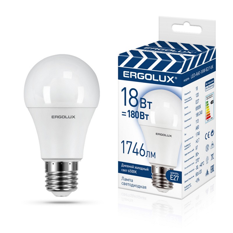 Лампа светодиодная Ergolux A60 E27 18W 6500K мат. (10/100)