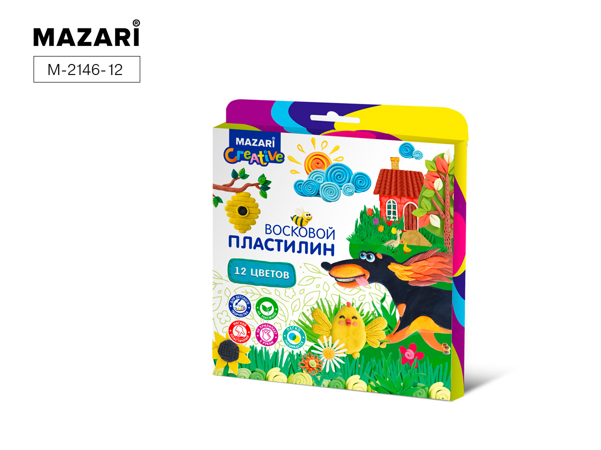 Пластилин воск. 12цв. Mazari 180г, со стек. (19)