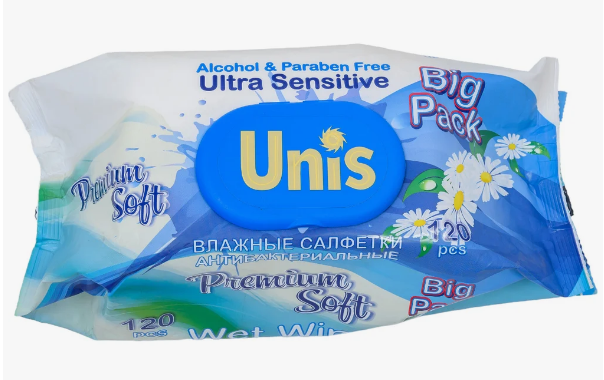 Салфетки влажные Unis 120шт. универсальные д/всей семьи Клапан