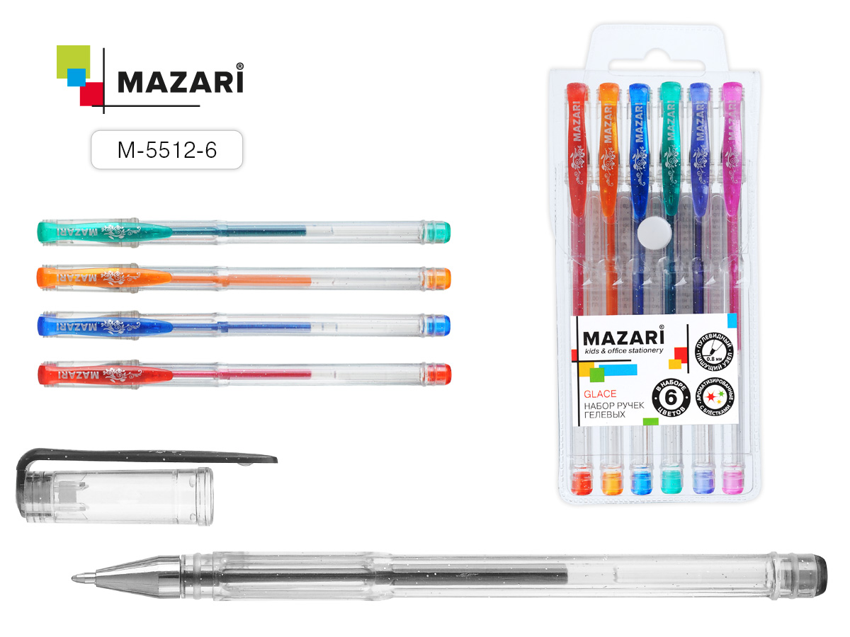 Набор гел. ручек 6цв. Mazari Glace с блестками