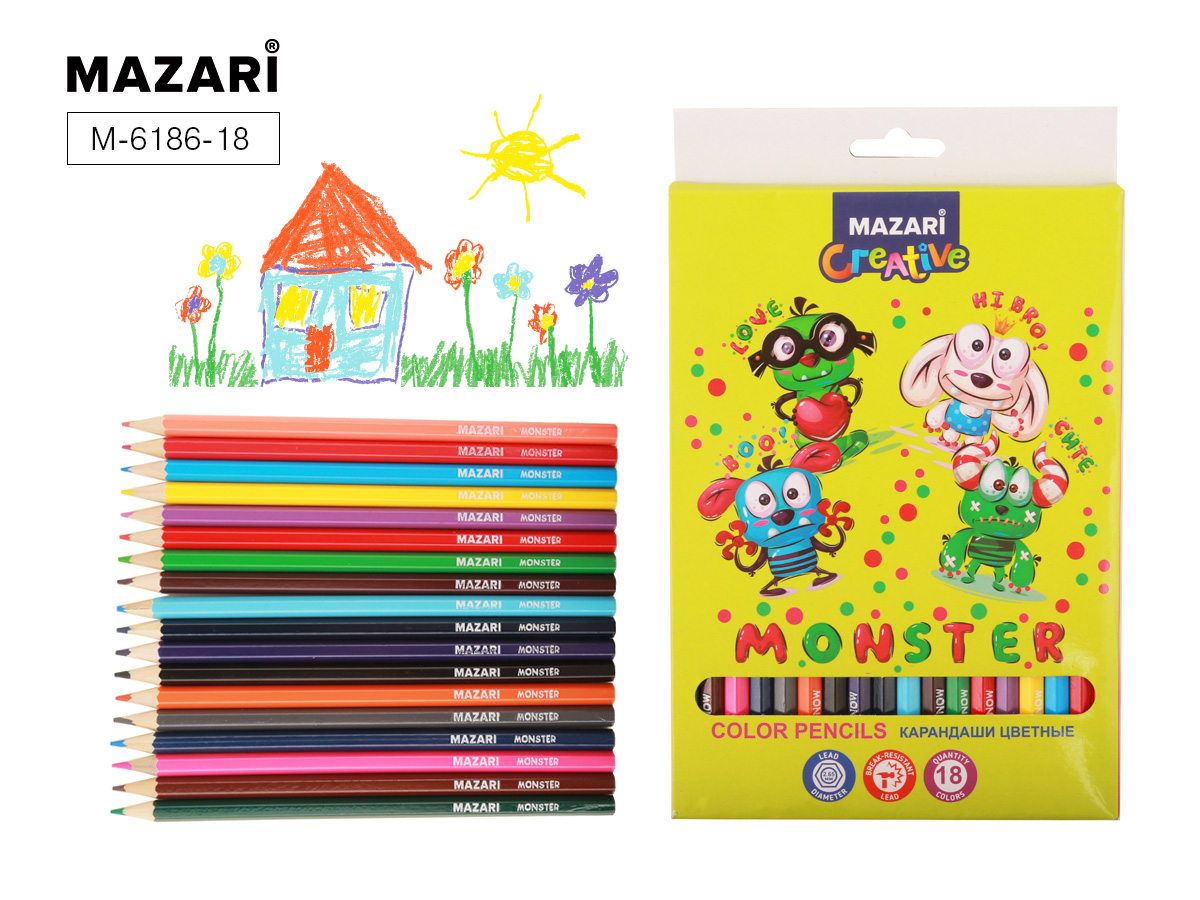 Набор цв. карандашей 18цв. Mazari Monster шестигран.