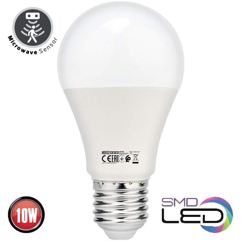 Лампа светодиодная HOROZ ЛОН A60 датч.движ. E27 10W 1032lm 4200K (100)