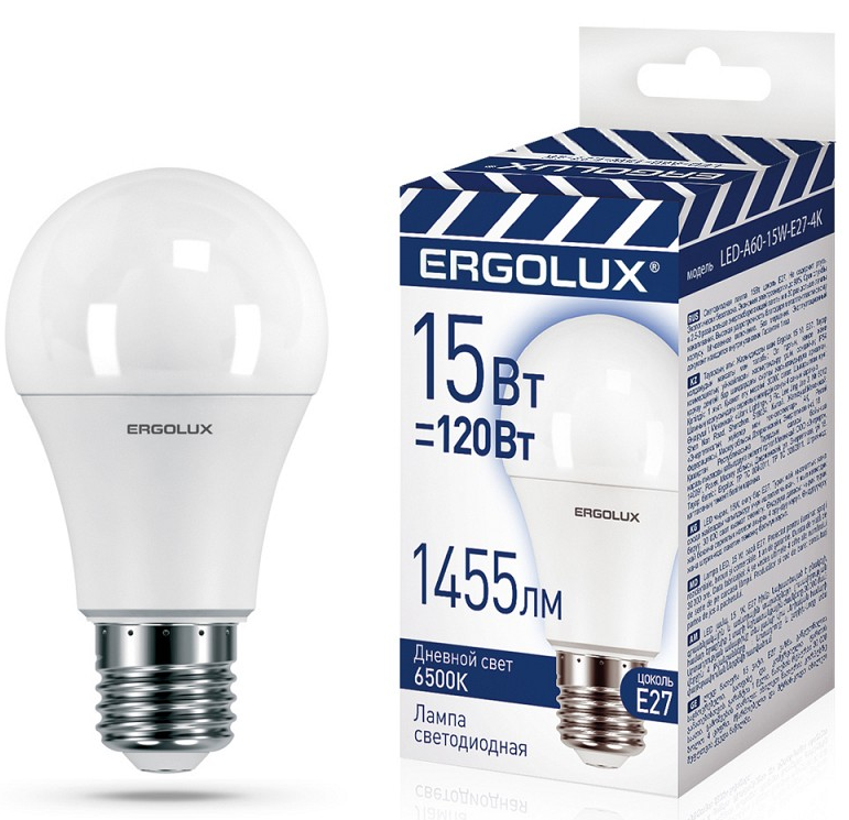 Лампа светодиодная Ergolux A60 E27 15W 6500K мат. LED-A60-15W-E27-6K