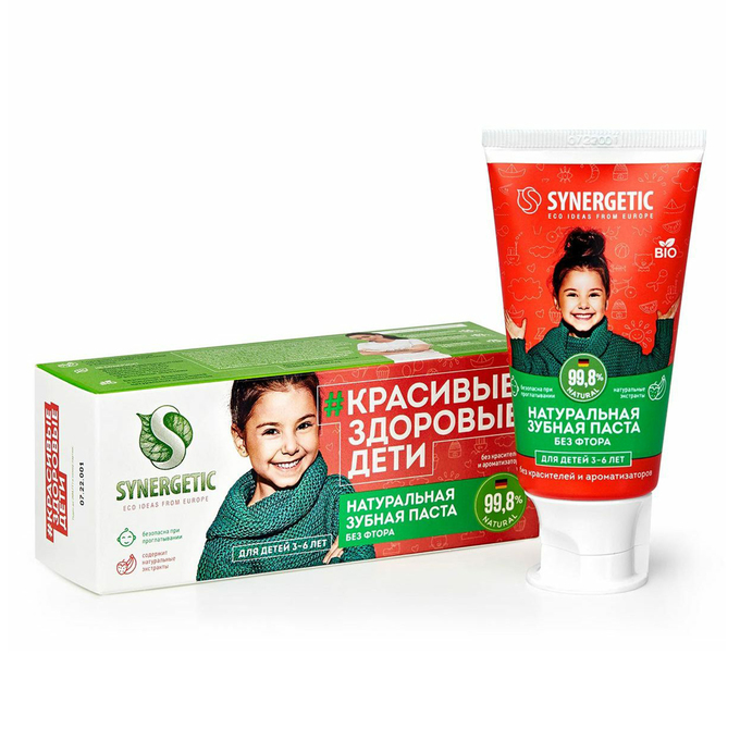 Зубн.паста Synergetic 50г. детская 3-6лет Клубника и банан красная